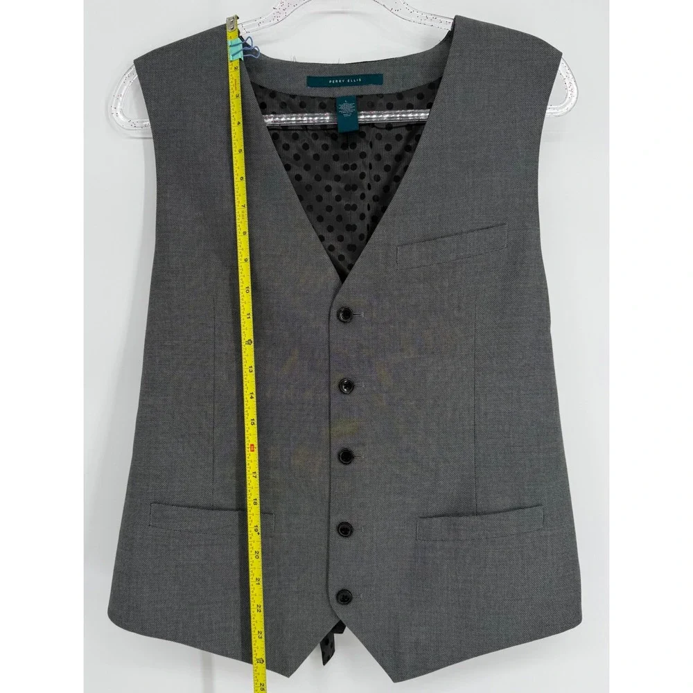 Perry Ellis Mens Gray Textured Suit Dress Vest‎ Waistcoat Polka Dot Back Sz L